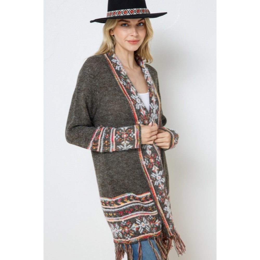 SOLD OUT Moss Olive Snowflake Marled Native Western Aztec Open Knit Cardigan - Picture 7 of 7